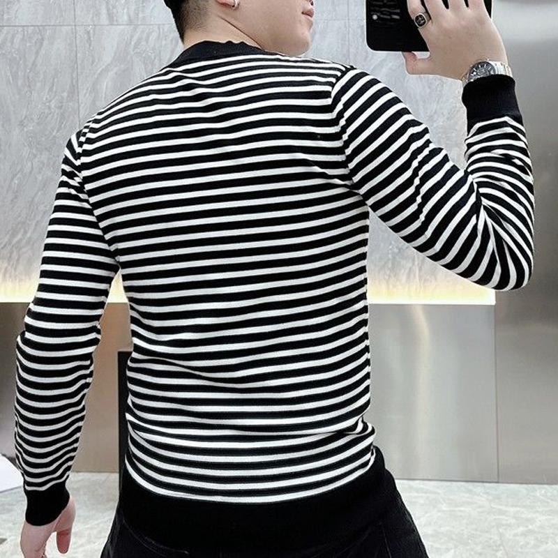 Men Autumn Winter Korean Fashion Striped Long Sleeve T-shirt Casual O Neck Slim Basic Pullover Tops