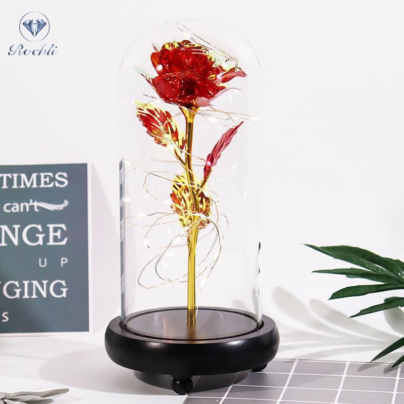 Gold Foil Rose Eternal Flower Glass Cover Gift for Valentine's Day, Christmas, New Year