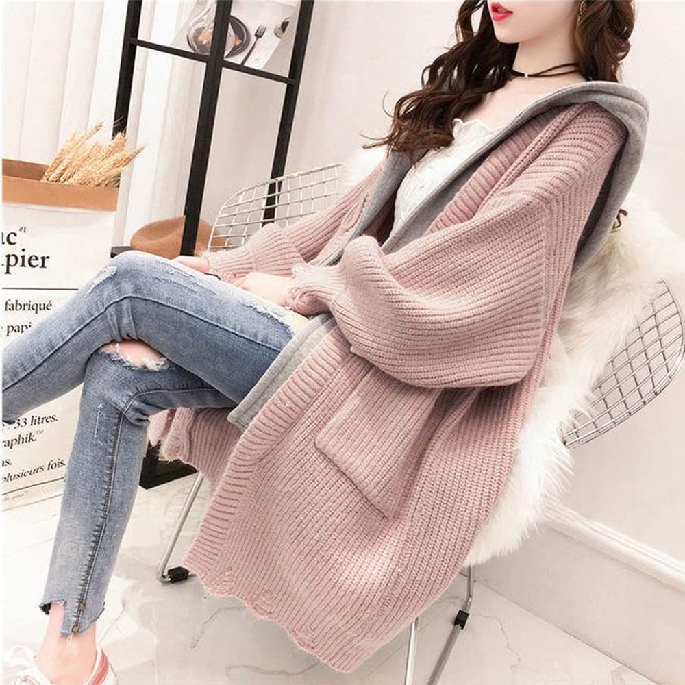 Village Hooded Knit Outerwear Loose D128 H&T Women's Cardigan, Jacket, Stylish, Elegant, Casual, Fit, Oversized, Popular, Warm, Autumn/Winter, (L,