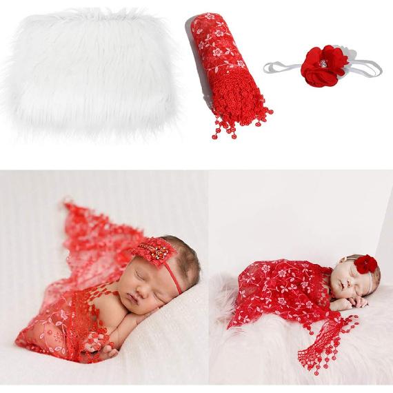 3 piezas Bebé Recién Nacido Accesorios de Foto Manta Esponjosa + Envoltura + Diadema Set Cómoda Envoltura de Fotografía de Recién Nacido Alfombrilla Fondos Alfombra para Niños Niñas (rojo)