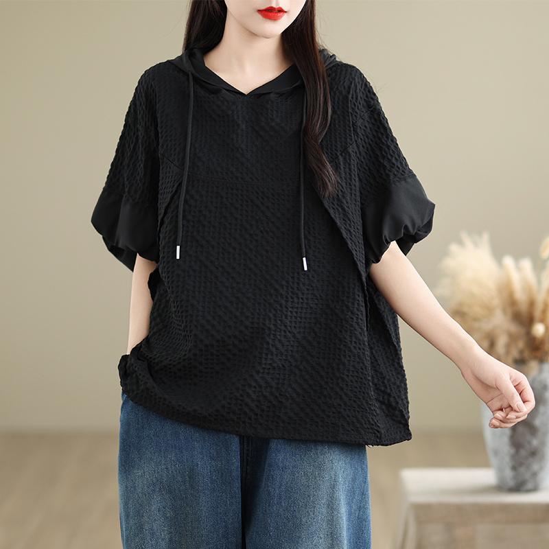 

Dimanaf 2025 Новые летние женские свободные футболки больших размеров с коротким рукавом, базовые повседневные толстовки с капюшоном, однотонные топы One Size чёрный