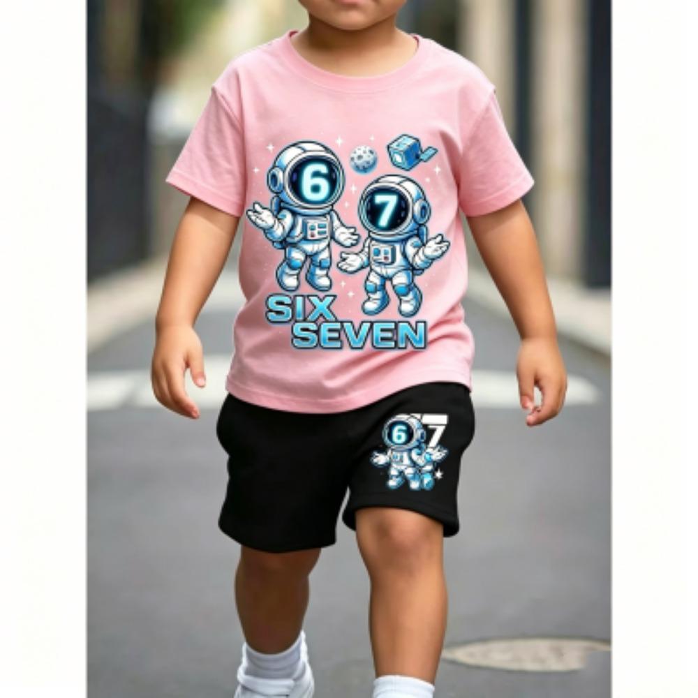 Number 67 Astronaut Fun Printed 11 Colors Kids T-shirt and Shorts 2 Piece Set Summer Home Outdoor Casual Outfit Boy and Girl's Sports Set