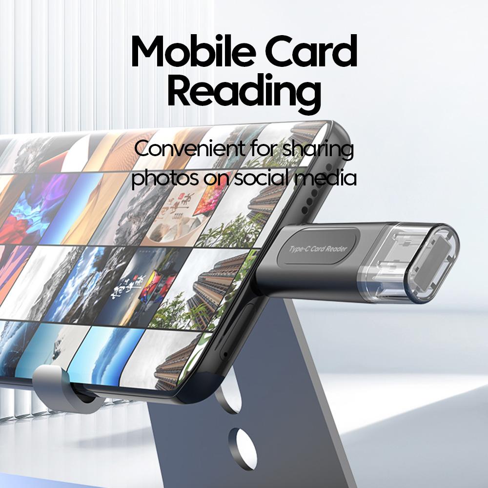 4 In 1 USB 2.0 Card Reade, Type-C & USB-A Dual Connector SD TF Memory Card Reader, Portable Micro SD/SD Card Adapter for Laptop, Android Phone, Camera