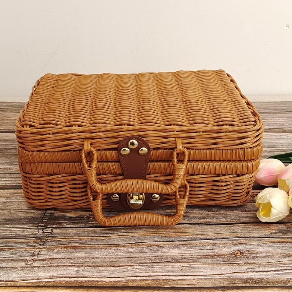 New Portable Rattan Woven Box with Handle Decorative Rattan Storage Box Suitcase Woven Picnic Box Organizer