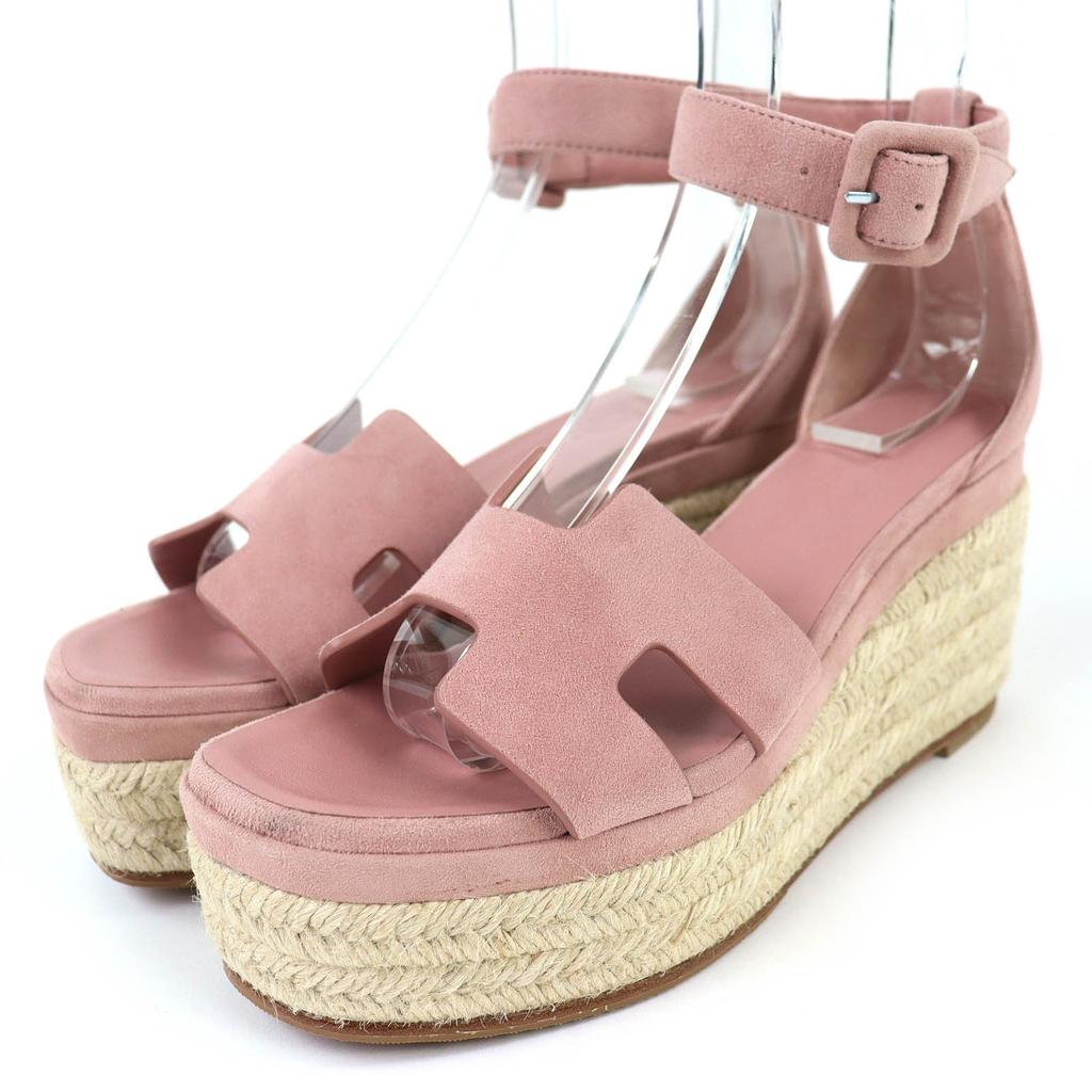 Excellent HERMES Sandals Espadrilles Elda Ankle Strap Suede Leather Pink 36 Used