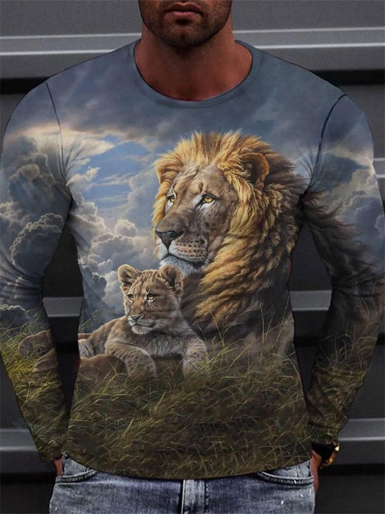 3D Printed Tees Painted Lion Pattern T Shirt Man Men Cool Animal Summer Casual Long Sleeves O-Neck Tops Loose Streetwear T-Shirt 3XL
