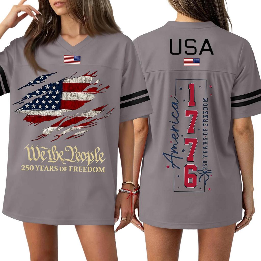 Damska Codzienna Modna Koszulka Sportowa z Dekoltem V z Nadrukiem na Dzień Niepodległości Krótkim Rękawem Top