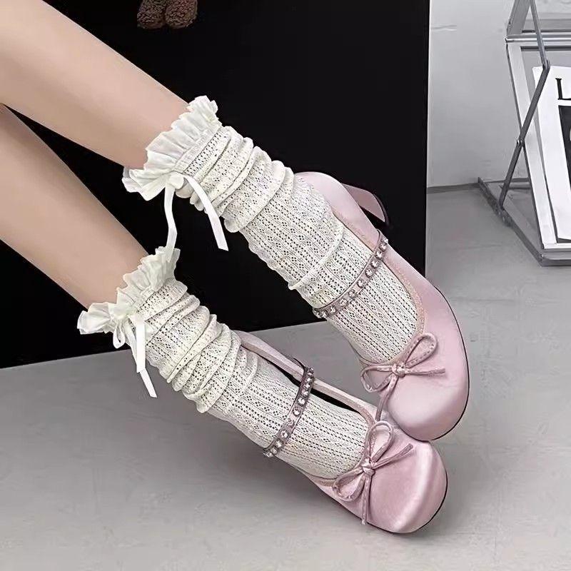 Round head rhinestone single shoes 2025 new pink temperament French bow light mouth satin thick high heel one-word strap shoes