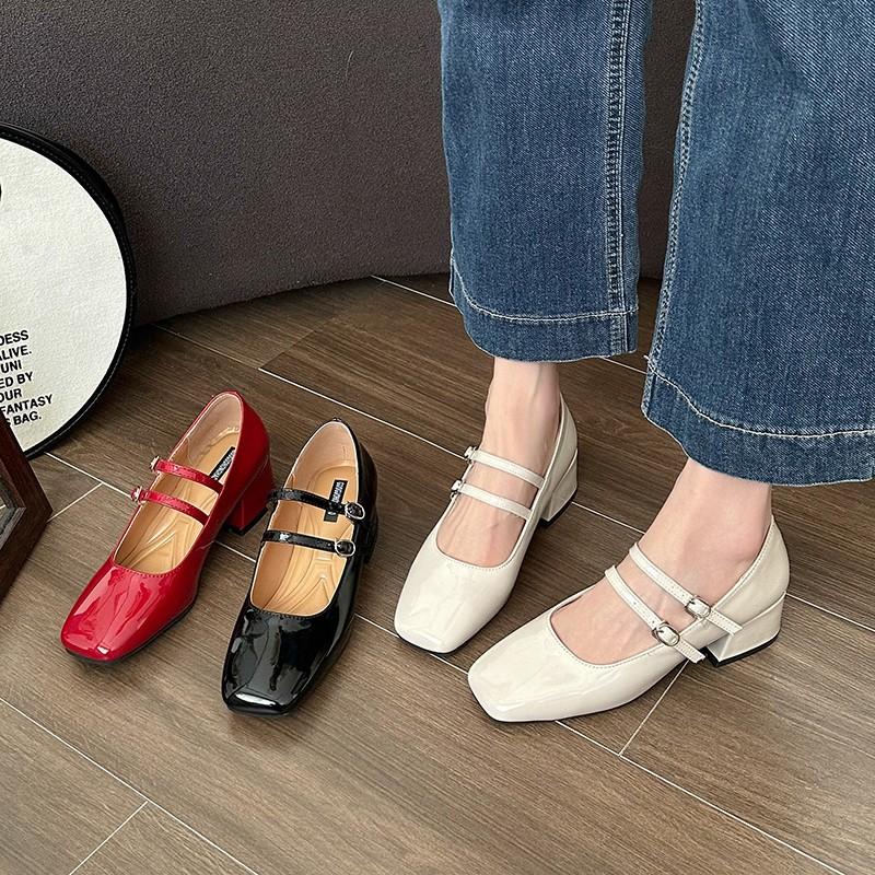 Fashion 2024 Multiple Colors Patent Leather Thick Heel High Heels Buckle Square Toe Buckle Sandals Red High Heels