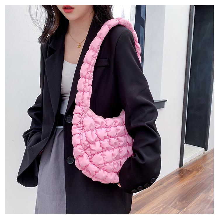 Japanese and Korean Fold Cloud Purse Niche Design Oneshoulder Bubble Bag Pink Plaid Dumpling Bag Nylon Cloth Bag Women