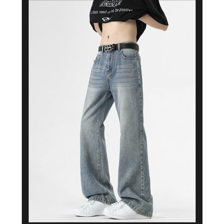 Retro Solid Color Flared Jeans Loose Straight Pants Men Spring Casual Trousers Vintage