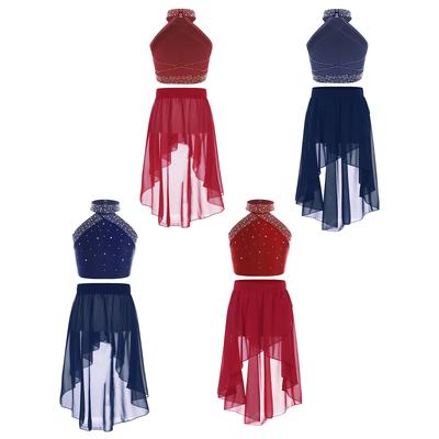 Girls Sparkly Rhinestones Vest Halter Neck Backless Design High Low Chiffon Skirt Elastic Waistband Dance Costume Set