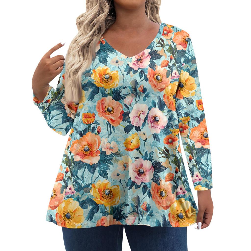 Women's Fashionable Casual Long Sleeved Plus Size Floral Print Top Plus Size Floral Print Top