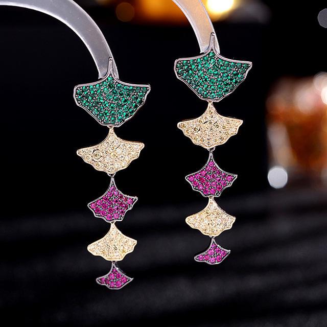 Micro Pave Colorful Zirconia Leaf Dangle Earrings for Women Brand Designer Luxury Wedding Temperament Ginkgo Biloba Earrings