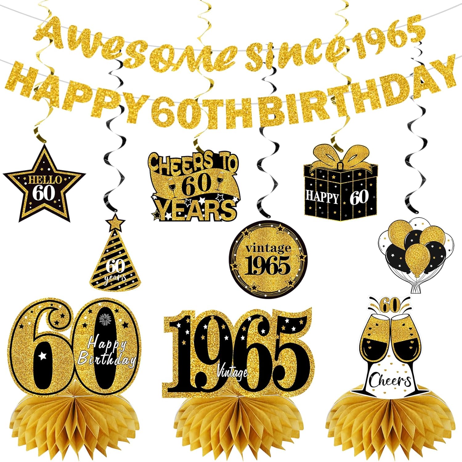 11Pcs 60th Birthday Decorations Kit for Men Women, Black Gold Happy 60th Birthday Banner, Awesome Since 1965 Centerpieces Swirls Party Supplies,