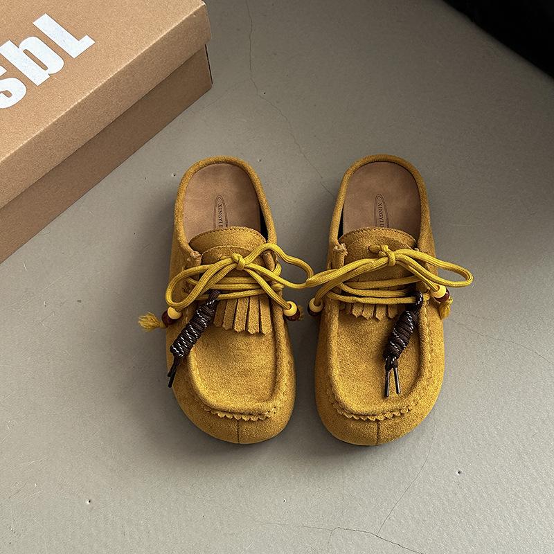 Retro Versatile Tassel Bag Head Thick-soled Half-slippers Women's Autumn New Fashion Outer Wear Women's Flat-bottomed Cool Slippers