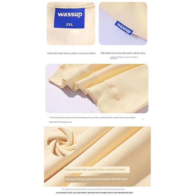 Wassup Heods Fleece-Lined Crewneck Sweatshirt for Men, Trendy American High Street Style, Loose Fit Top, Heavyweight Autumn and Winter Couple Wear