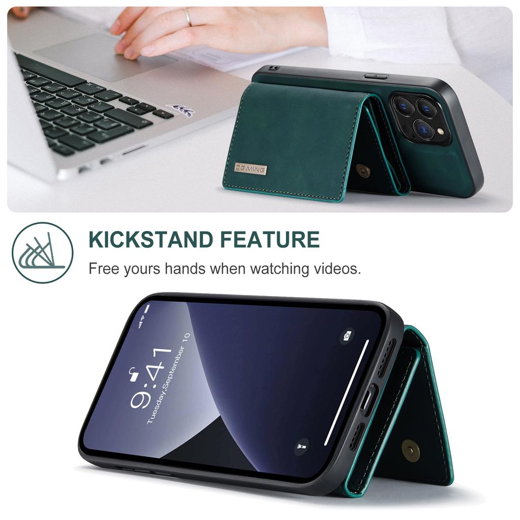DG.MING M1 Series for iPhone 16 Pro Case Kickstand PU Phone Cover with Detachable Wallet