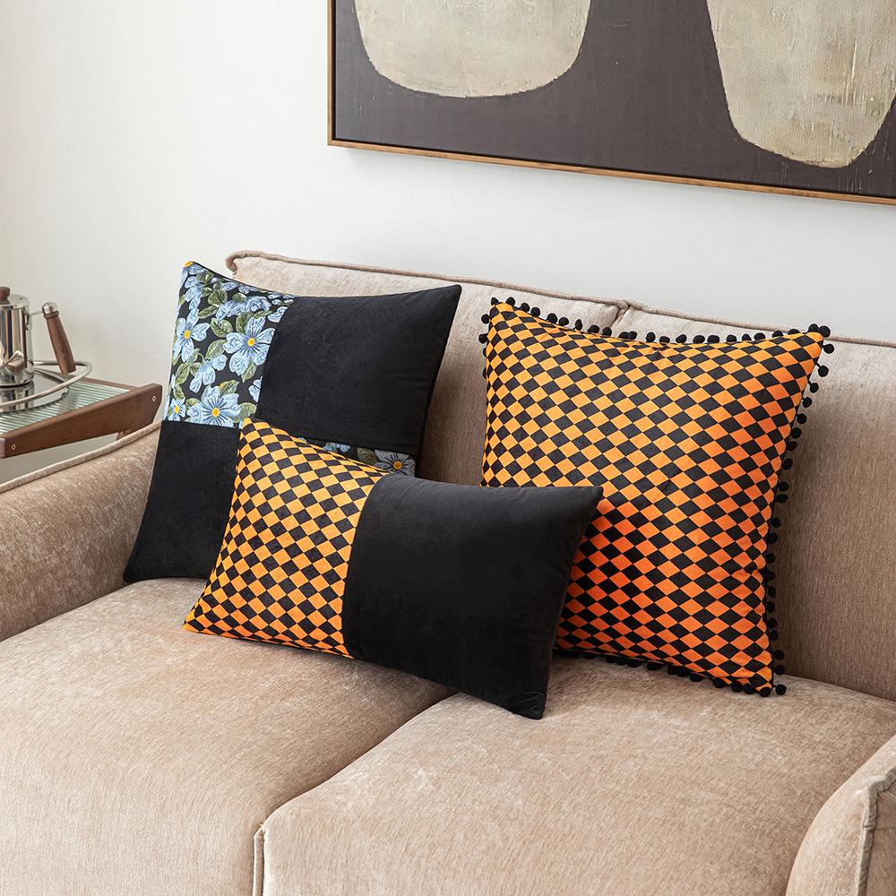 Houndstooth Splicing Pillow Case Sofa Decoration Cushion Cover Living Room Bedroom Waist Pillow Velvet Ball Pillow