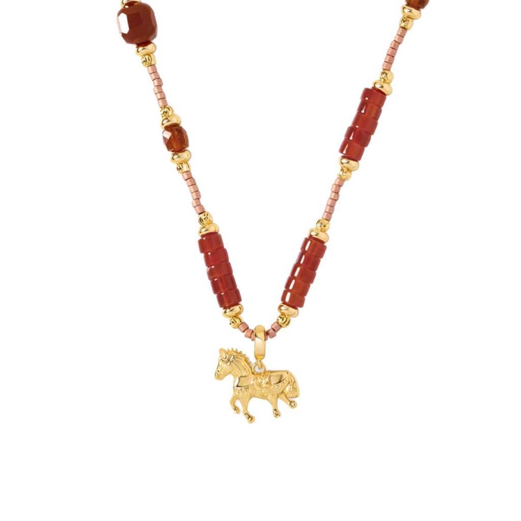 Red Agate Horse Pendant Necklace: Chic & Versatile Year of the Rat Design with Beaded Clavicle Chain