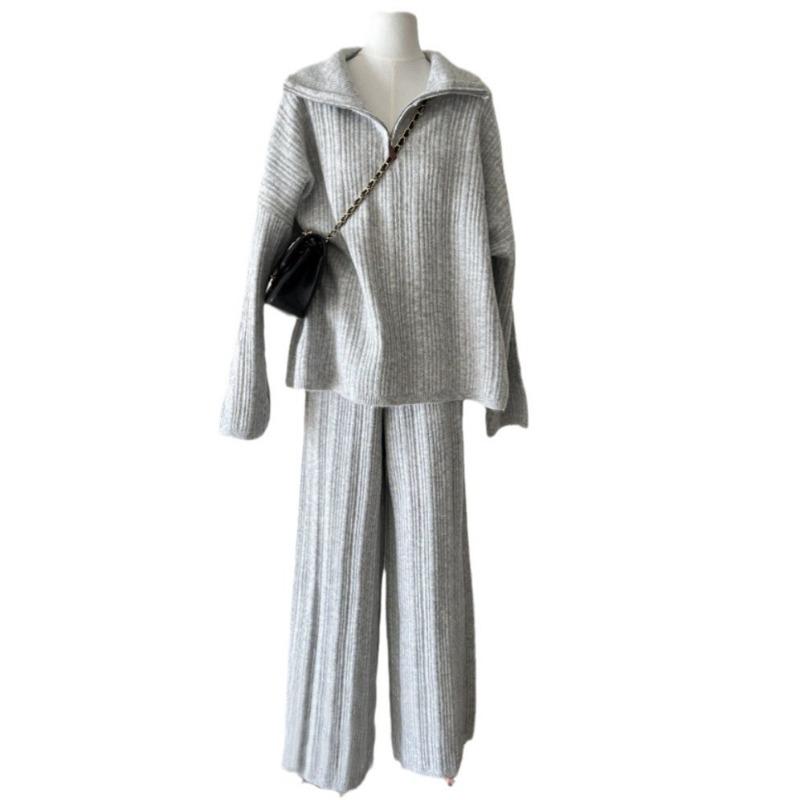 Lazy wind casual knitted sweater two-piece set autumn and winter high-end new wide-leg pants sweater set women