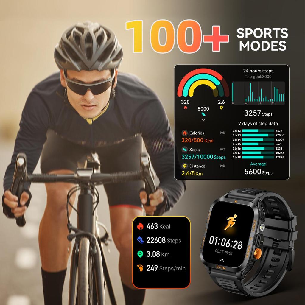 Smartwatch, QTLLBT, Outdoor-Sportuhr, unterstützt kabellose Anrufe, Fernfotoaufnahme und Musiksteuerung, überwacht über 100 Sportmodi, Herrengeschenk