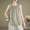 Women Round Neck Gathered Front Crinkled Linen Cotton Sleeveless Tank Top