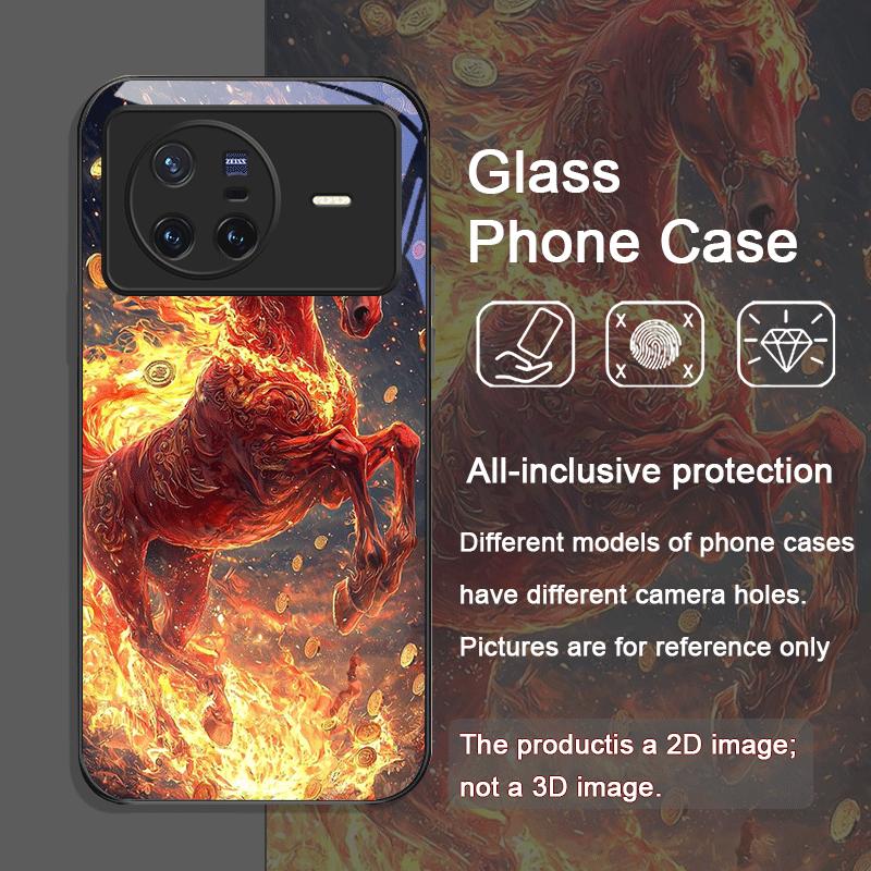 Stylish Chinese-Style Red Horse Print Tempered Glass Phone Case for OPPO Reno 13F 12 11 10 Pro Plus Find X8 X5 X3 PRO Lite Cover