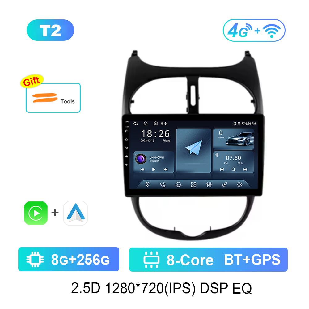9 Inch Navigation GPS 4G Carplay for Peugeot 206 2001 - 2016 Android OS Car Video Multimedia Player BT QLED Touch Screen WiFi