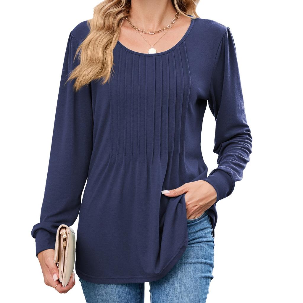 Fall Winter New Women's Solid Color Crew Neck Striped Loose Long Sleeve T-shirt Top, Leisure Leisure Foreign Trade for Europe America