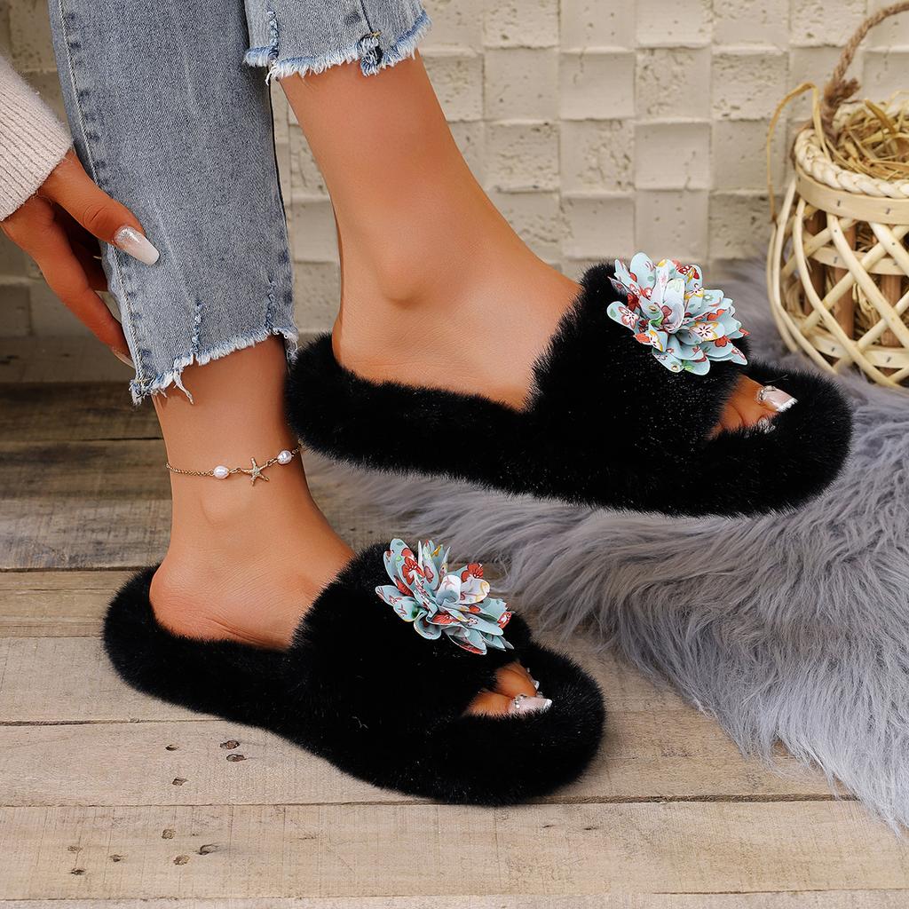 Fashion Fashion Flower Decoration Faux Fur Slides Women 2025 Autumn Round Toe Low Heel Slippers Soft Sole Short Plush Outdoor Slippers