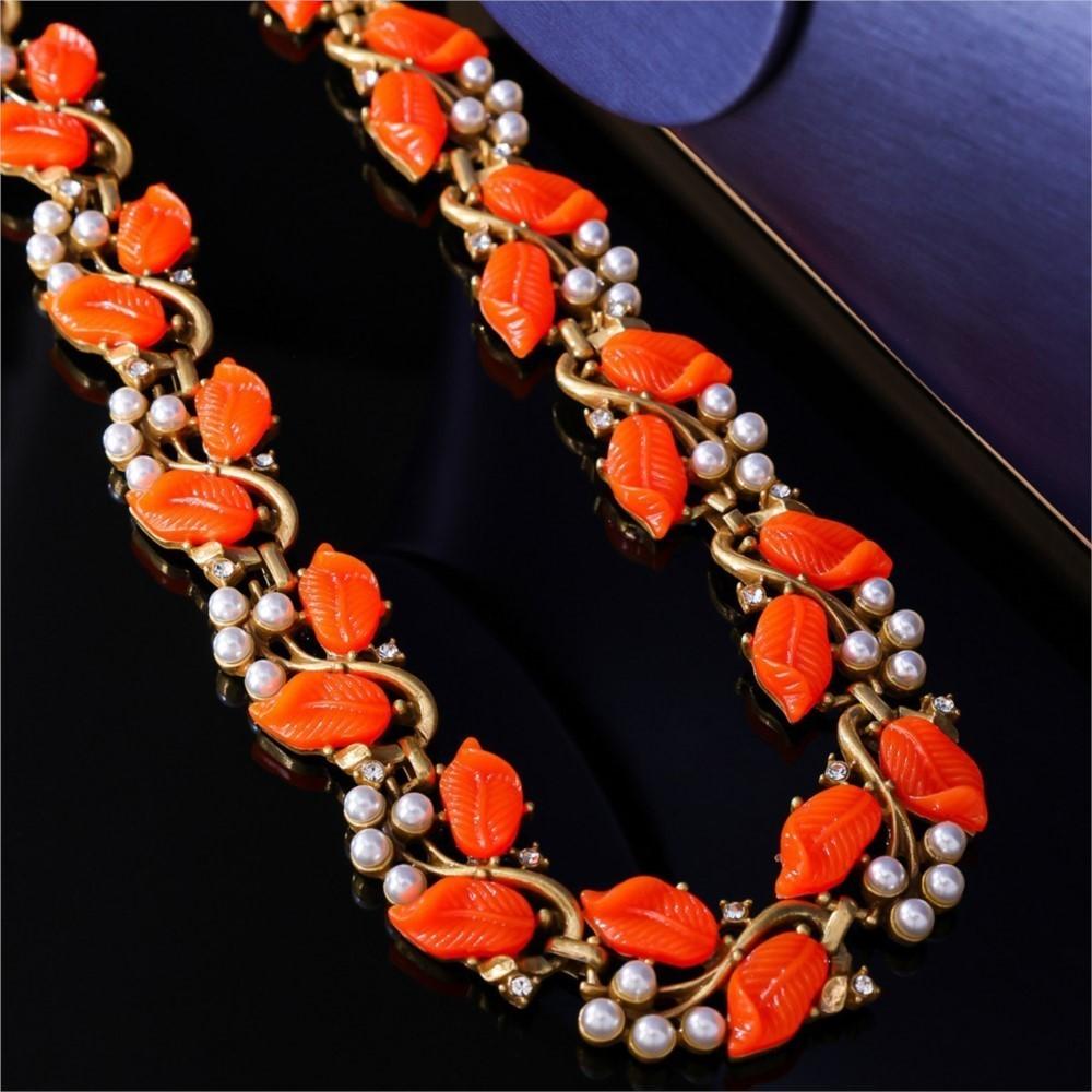 KEQIU Retro Style Leaf Design Elegant Pearl Design Bracelet Earrings Necklace High-end Vintage Jewelry Set