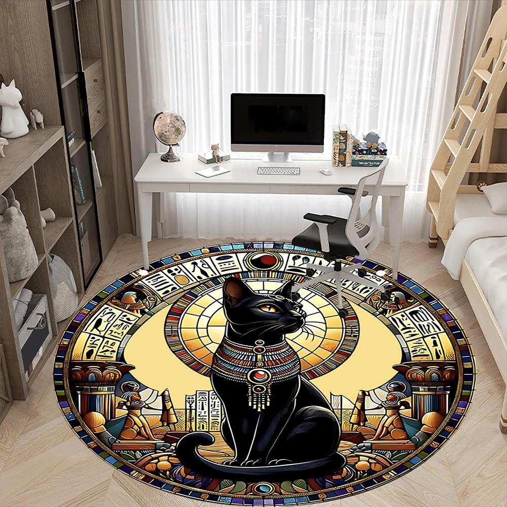 1 Stück Ägyptische Katze Büro Runder Teppich, Indoor-Matte Geeignet für Büro, Unter Bürostühlen Schlafzimmer Wohnzimmer Heimdekoration, Raumdeko