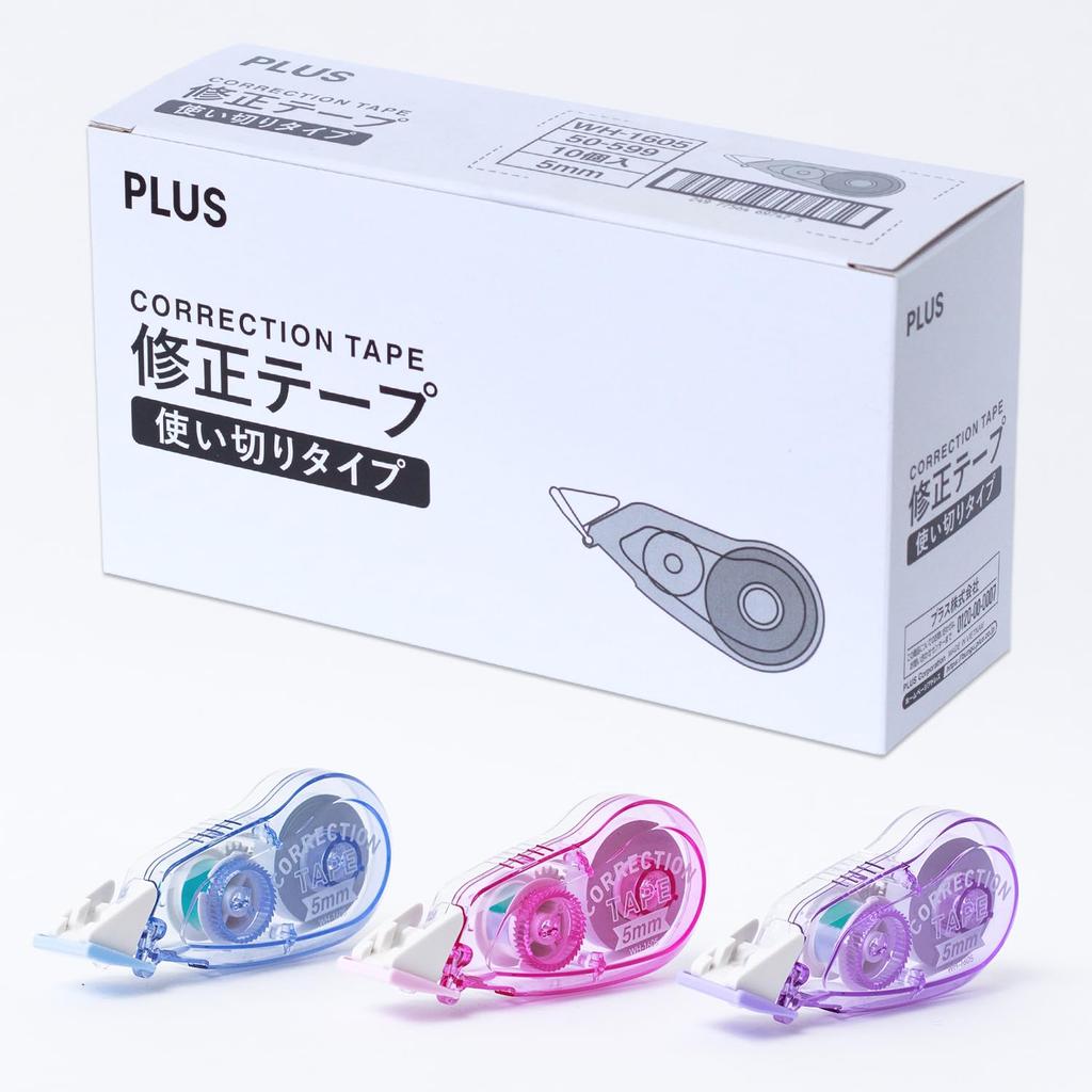 Plus Correction Tape Pastel Assortment Pink Blue Disposable Type 5mm X 8m 3-Color 10-Pack WH-1605 50-599x10