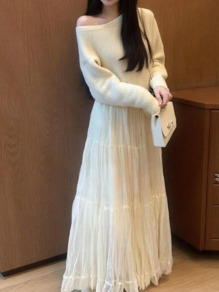 Korean-Style Pleated Elastic Waist Skirt - Women's Spring/Autumn, Slim Fit, Large Hem