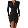 Women's V Neck And Winter Pleated Buttock Long Sleeve Dress