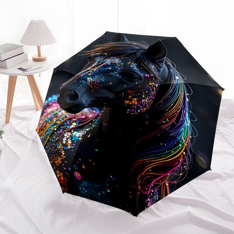 Colorful Sequin Horse Head Automatic Opening Folding Umbrella with Rainbow Mane - Outdoor Rain Gear for Fans, Travelers, Everyday Use, Festi