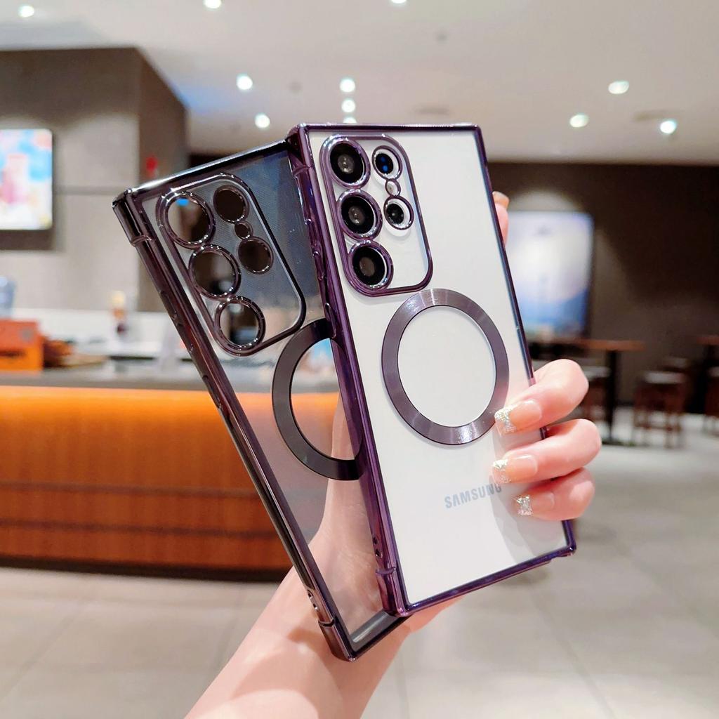 Electroplated transparent magnetic mobile phone case Samsung S23U mobile phone case S24U/S23FE fashion female S21