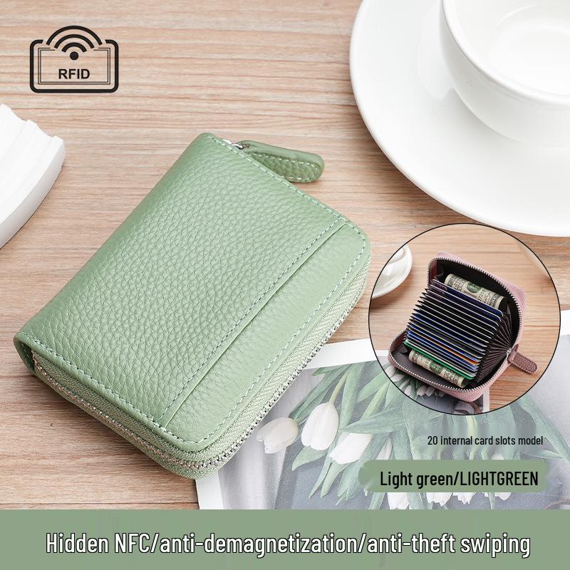 Women's Genuine Leather Zipper Card Holder - Anti-Demagnetization Multi-Slot Accordion Style
