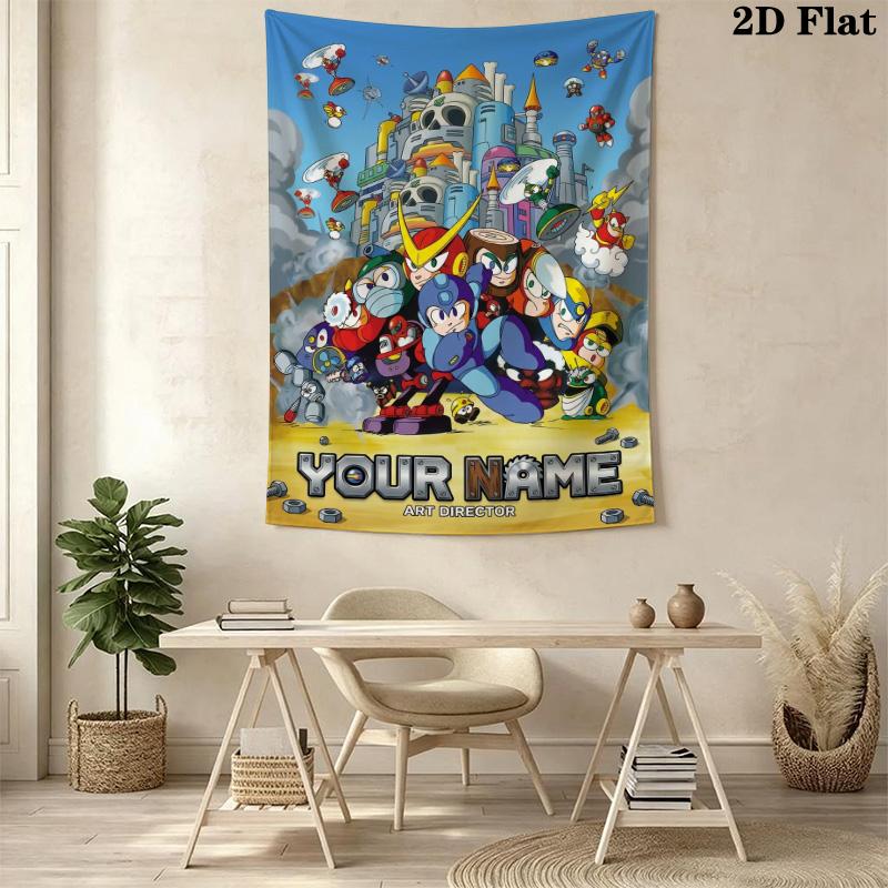 Name Custom Mega Man Anime Wall Tapestry Aesthetic Wall Hanging Printed Fabric Blanket Decorative Tapestries for Bedroom Living Room Home Decor