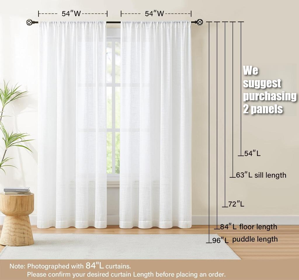 Linen Sheer Curtains Natural Sheer Curtains for Bedroom Living Room Kitchen Light Filtering Country Rustic Window Curtain Panels