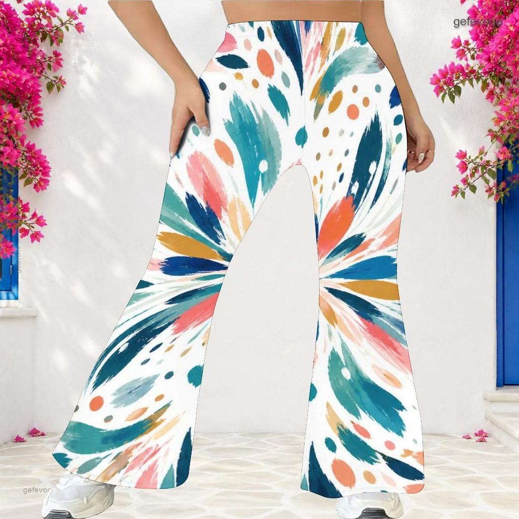 Women Plus Size High Waist Printed Full Length Flared Pants