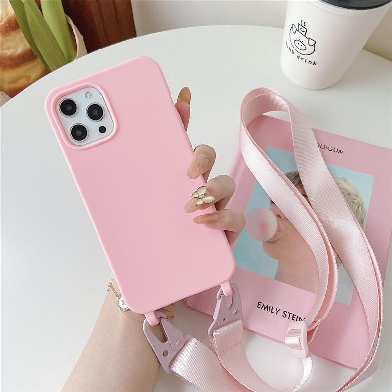 Crossbody Lanyard Matte Silicone Soft Case For iPhone 15 Pro Max 14 13 12 11 XR XS X 7 8 Plus Necklace Strap Shockproof Cover
