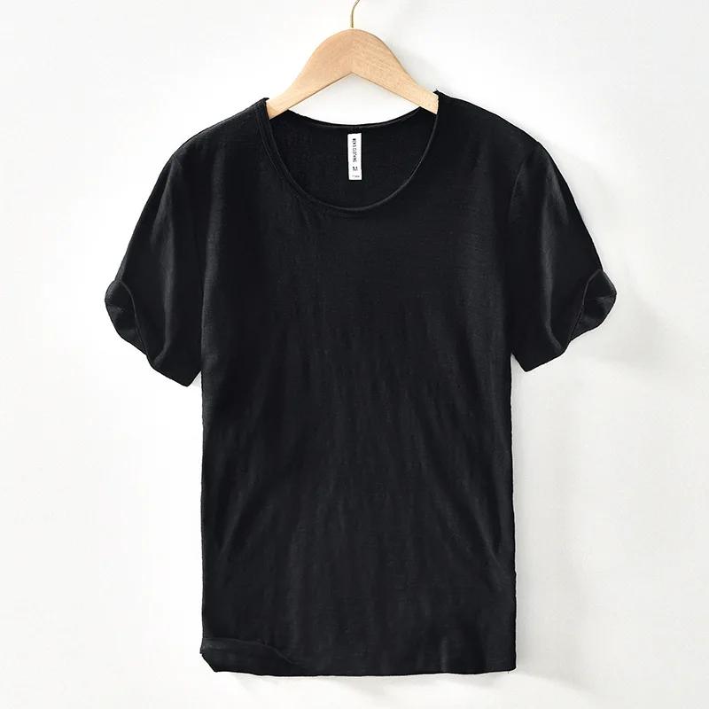 Retro Rohkanten T-Shirt für Herren Leicht, Atmungsaktiv, Slim-Fit, Unifarben O-Ausschnitt Lässiges Basic Top