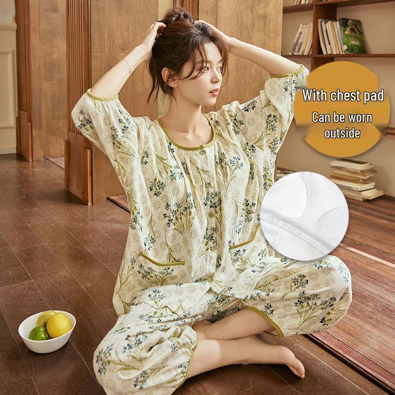 Women's Pajama Set with Chest Pads: Seven-Sleeve Cardigan & Nine-Point Pants for Spring, Autumn & Summer