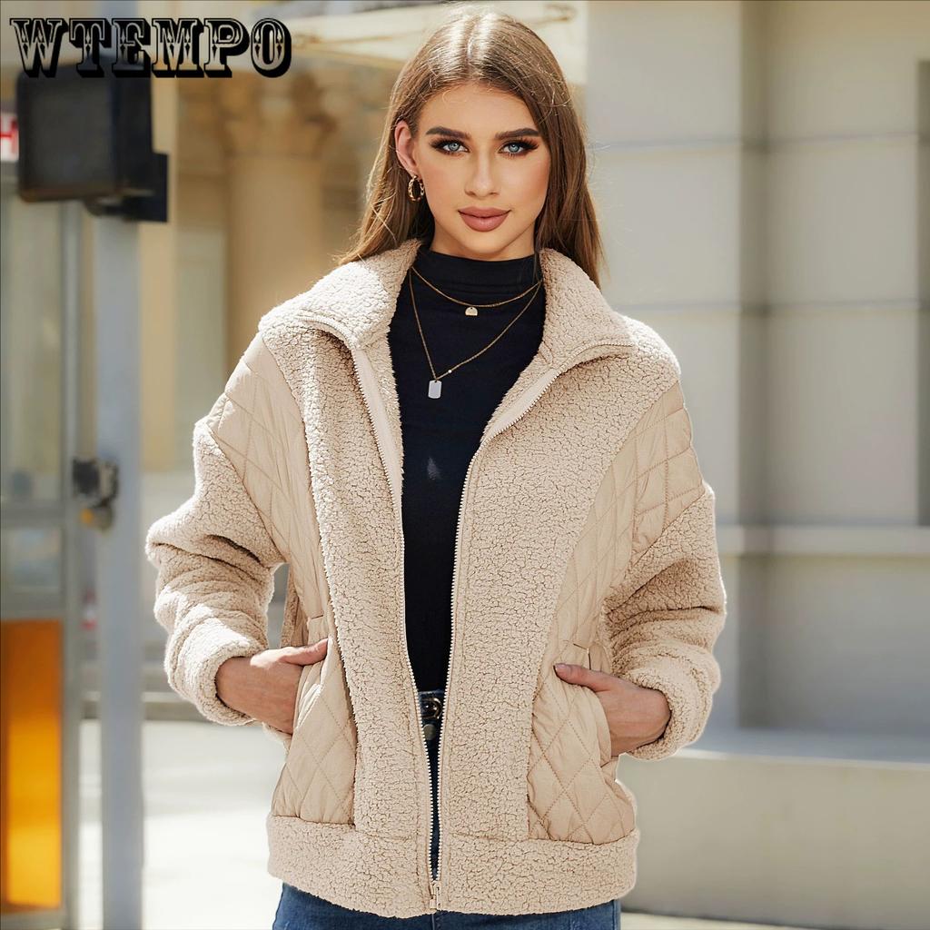 Women's Fall and Winter Long-sleeved Cardigan Zipper Plush Splicing Ladies Short Jacket