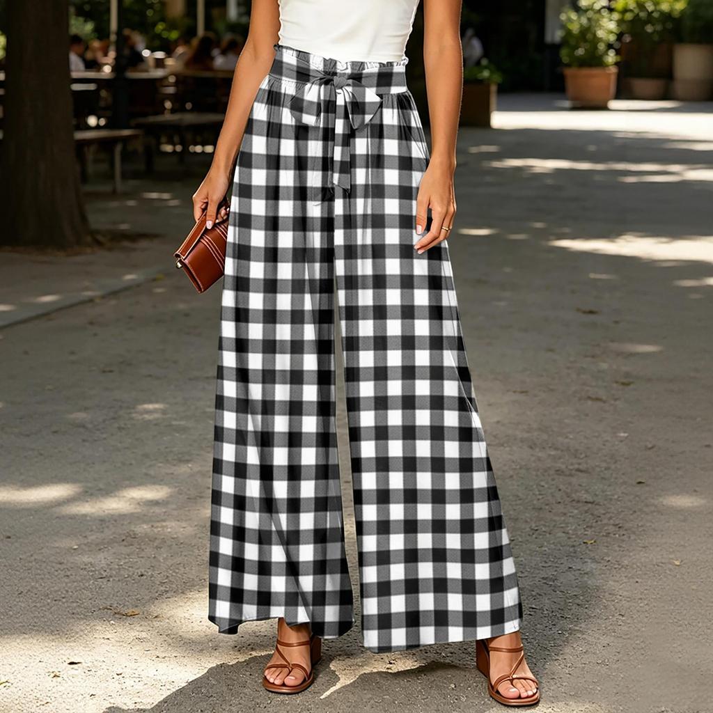 Women's High Waist Wide Leg Pants with Striped Plaid Print Casual Loose Fit Trousers with Tie Belt and Pockets for Everyday Wear