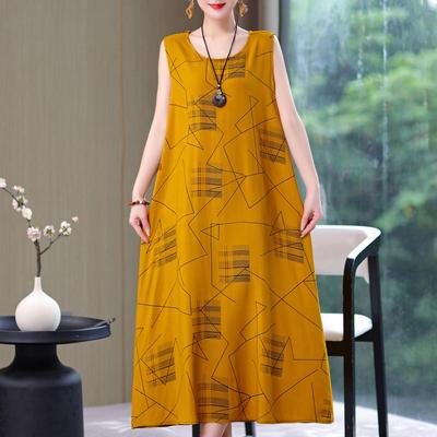 Langes Kleid für Damen in Übergröße, Sommer, lässig, elegant, ärmellos, Vintage-Druck, Kleid für Damen