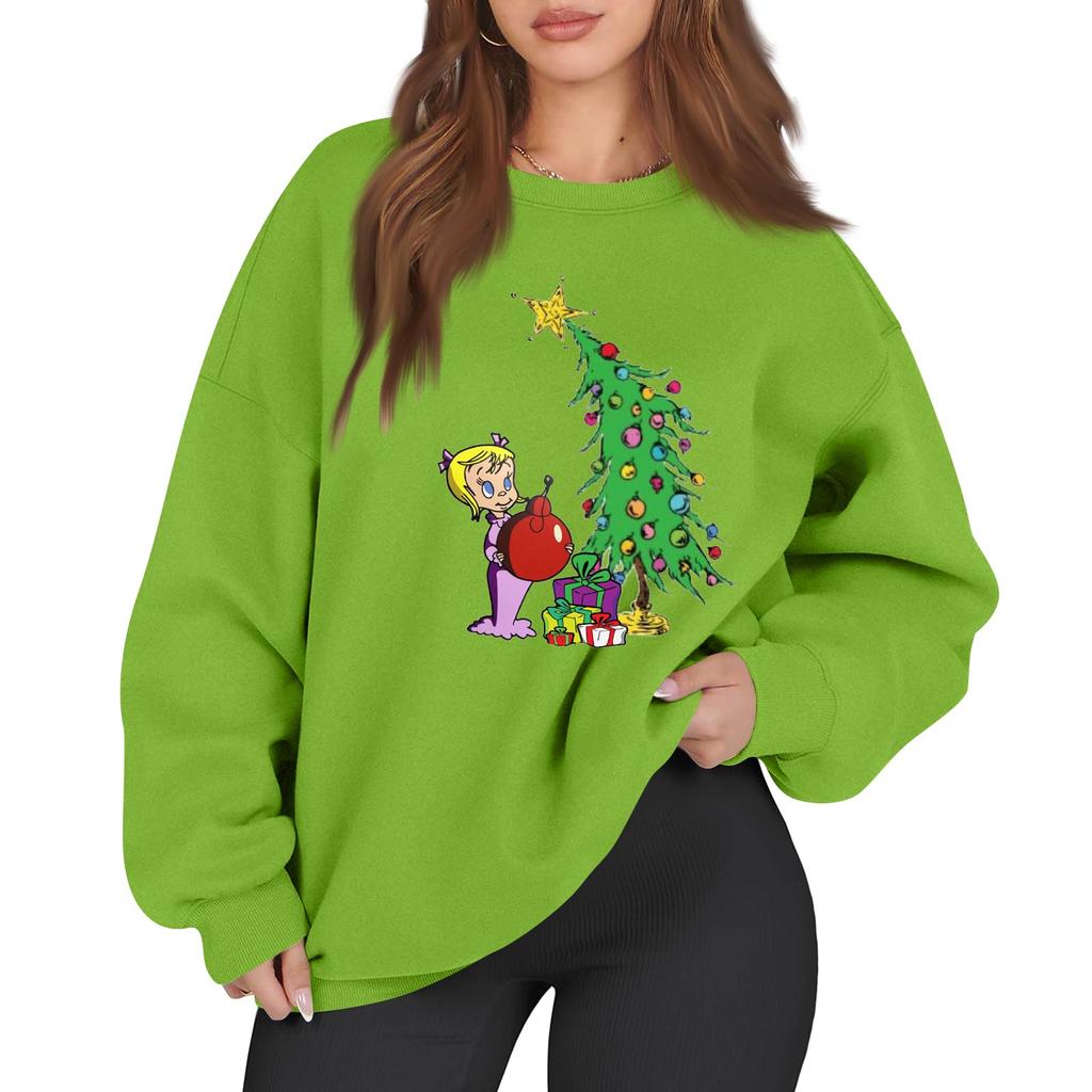 Sweat-shirt à manches longues décontracté pour femme avec imprimé de Noël et col rond