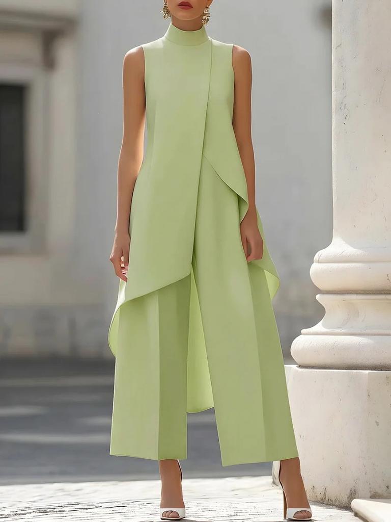Damen ärmelloser Anzug mit hohem Kragen und weitem Bein, asymmetrischer Saum, lässig, locker sitzend, einfarbig, langes Hosen-Set